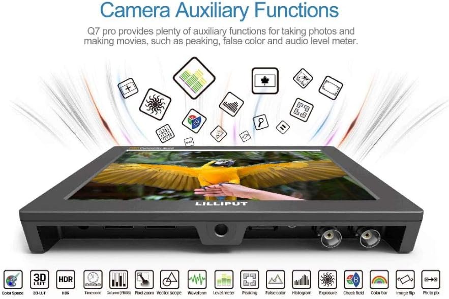 7 Q7 Pro Field Monitor 1920x1200 Metal with HDR 3D-LUT SDI/HDMI Cross Conversion Waveform Peaking Precise Color Calibration Gamma Adjustment + Pisen LP-E6 Battery D80737