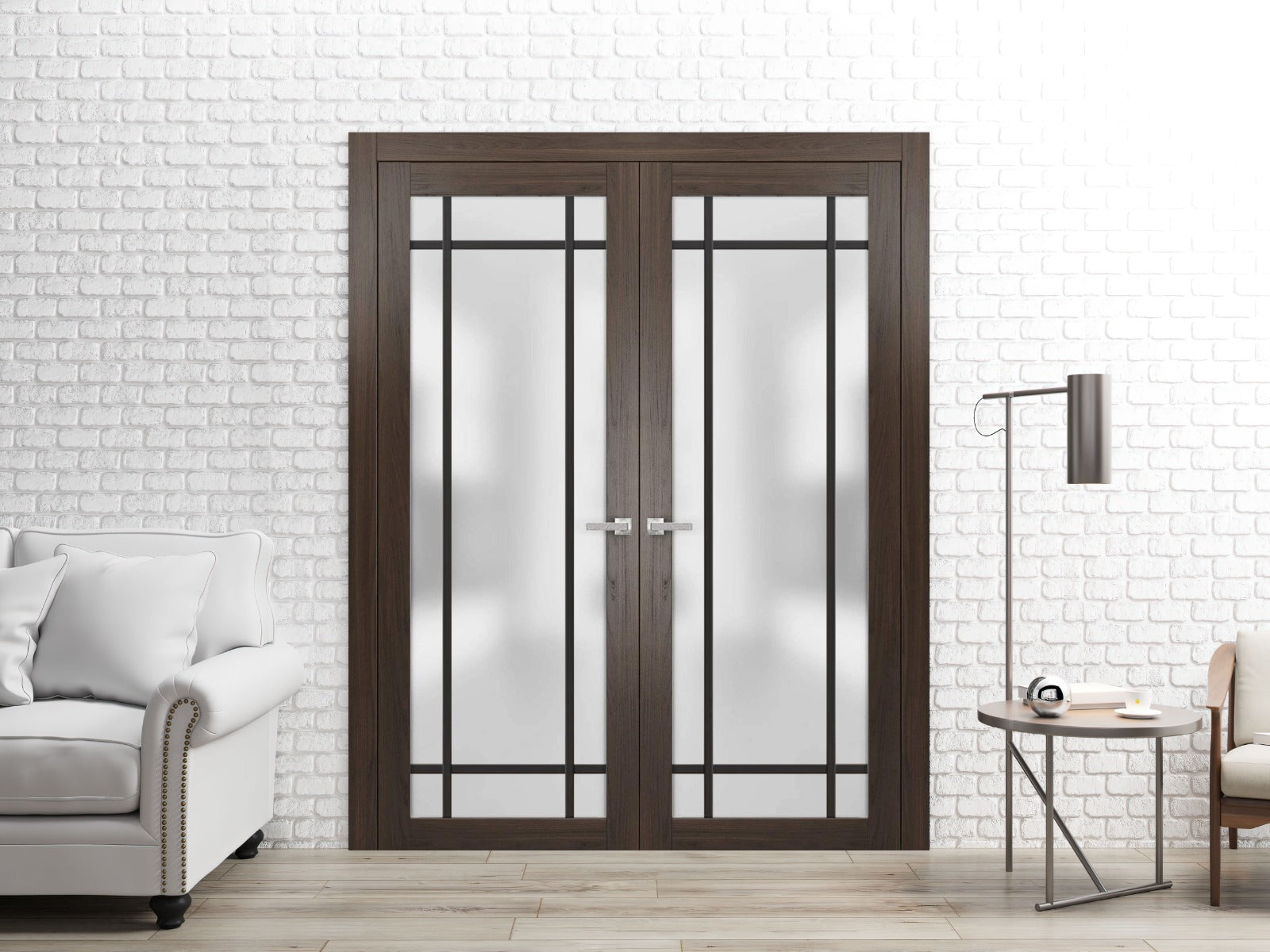 Solid French Double Doors 48 x 80 inches Wood Frosted Glass V7304