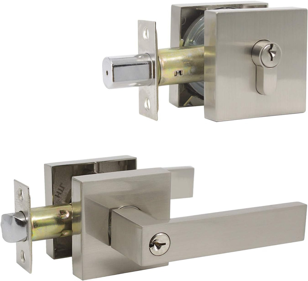 Square Entry Levers and Single Cylinder Deadbolts Combo Pack, Satin Nickel, 2 Pack V588