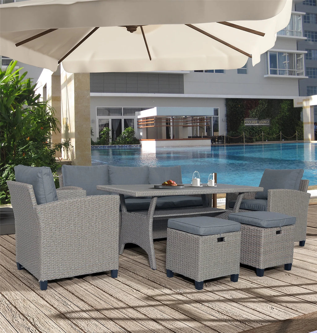 6pcs Outdoor Rattan Wicker Patio Furniture Set with Grey Cushion U884