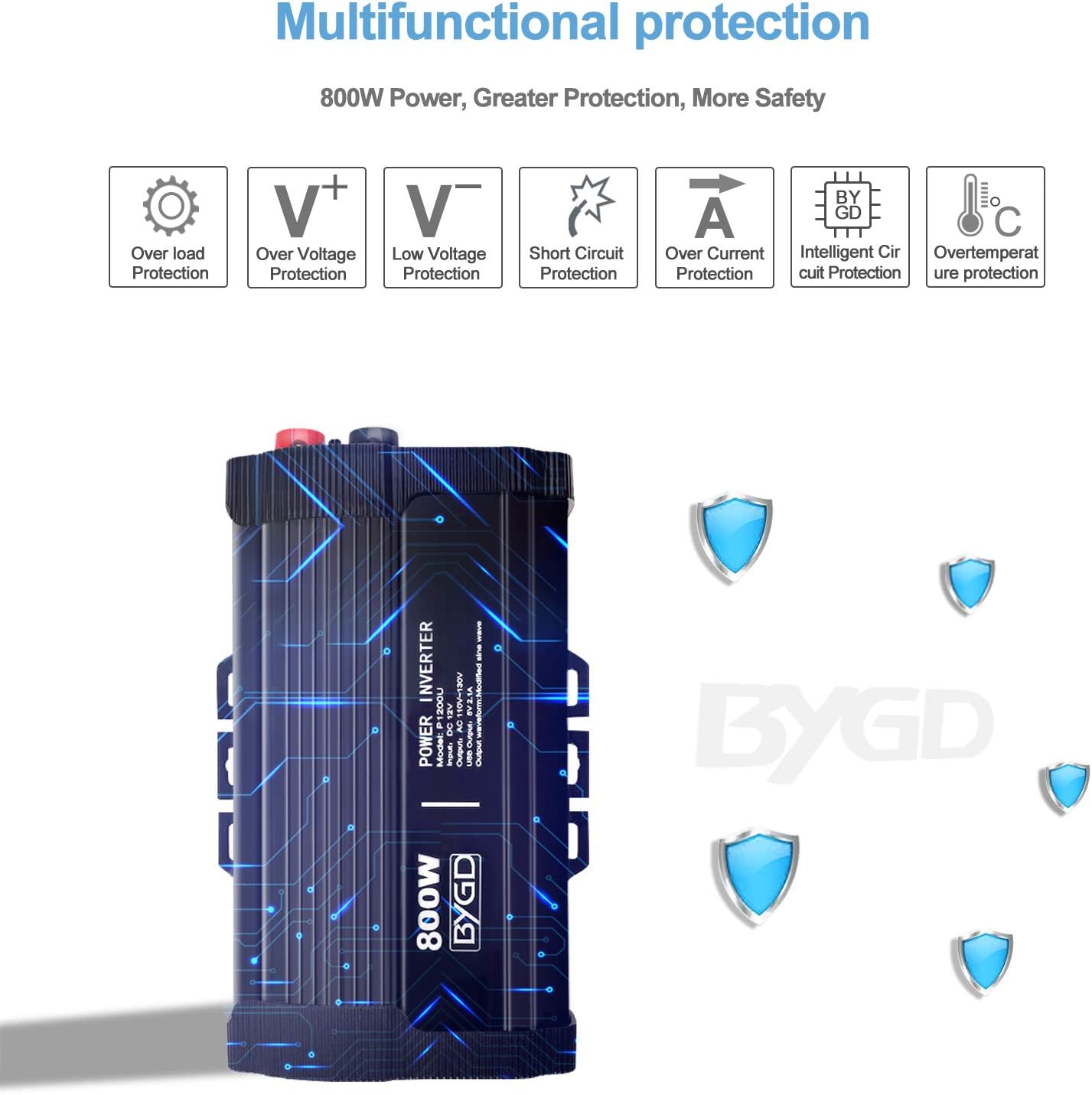 800W Power Inverter 12V DC to 110V AC Converter with Dual AC Outlets USB Ports M2429