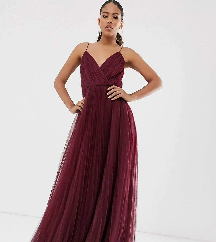 Tall Cami Pleated Tulle Maxi Dress in oxblood-Red V246408