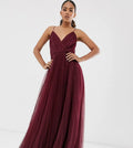Tall Cami Pleated Tulle Maxi Dress in oxblood-Red V246408