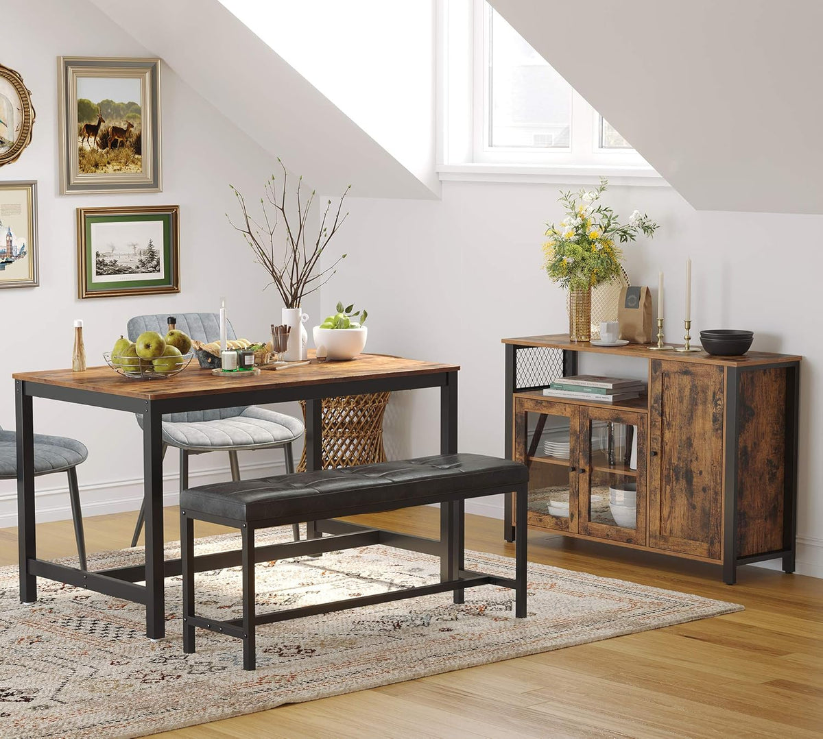 Rustic Brown and Black Floor Storage Cabinet with Transparent Doors V507497