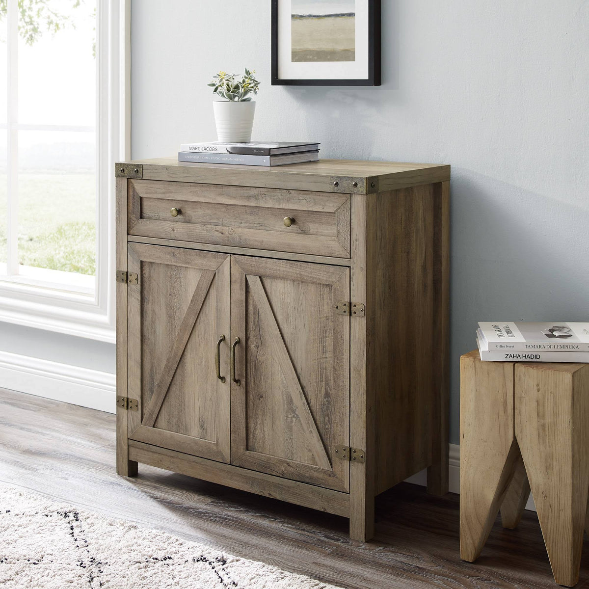 Rustic Farmhouse Barn Door Accent Cabinet Gray Wash L53249