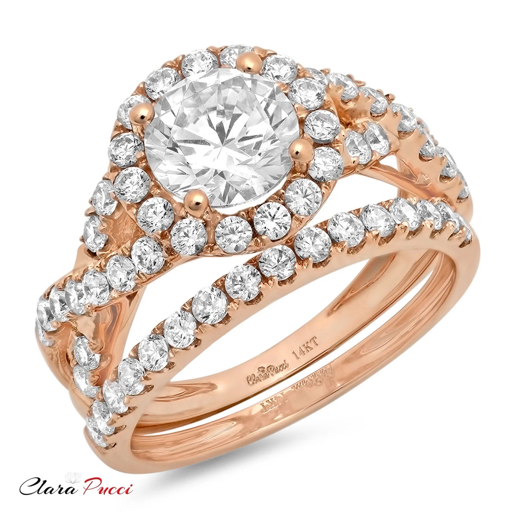 18K Rose Gold Halo Engagement Ring with Crystal Side Stones P16870