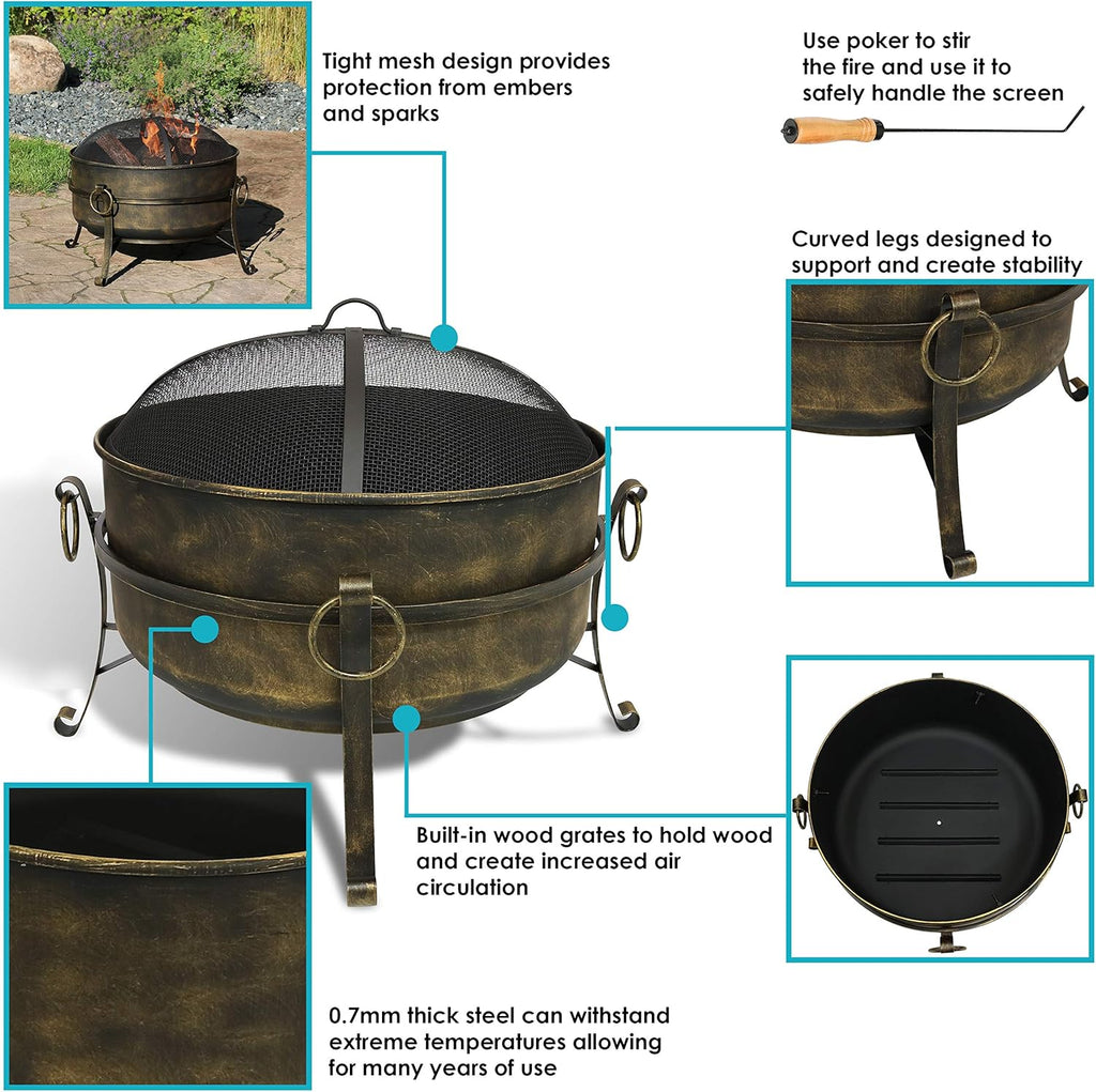 24 Inch Wood Burning Fire Pit with Spark Screen and Metal Grate Z75283