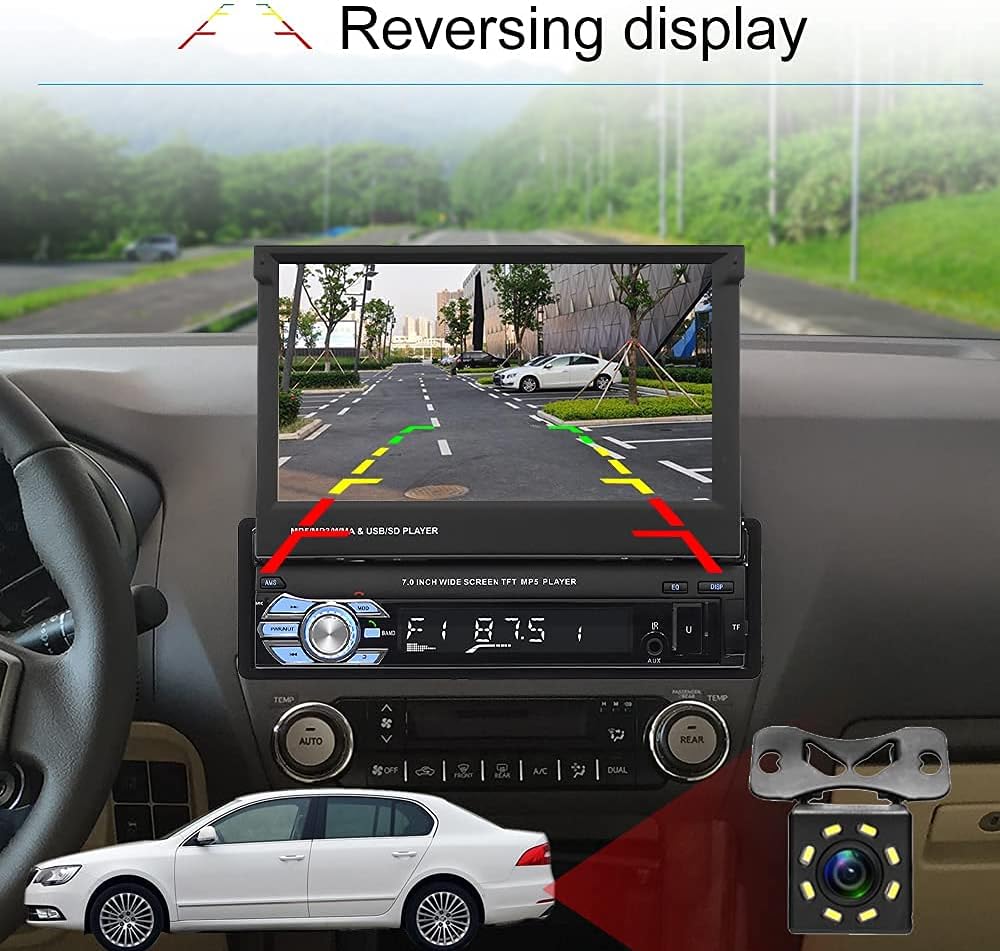 Single Din Car Stereo with Bluetooth, 7 Retractable Touch Screen Car Radio Receiver with Backup Camera P295