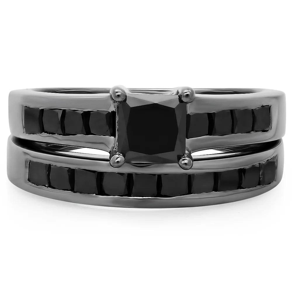 2.35 Carat Black Rhodium Plated Sterling Silver Black Diamond Engagement Ring Set F6235