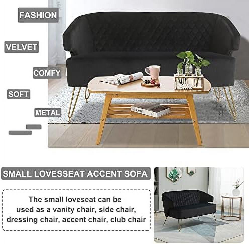 Cashmere Loveseat Sofa with Gold-Finished Metal Legs and 2 Small Pillows C3393