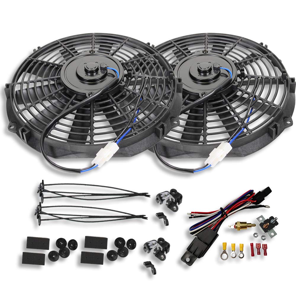 2pcs 10" Universal Electric Radiator Cooling Fan Straight Blade Reversible 1250CFM 12V Black Mounting Kit & Thermostat Switch Relay Kit N525856