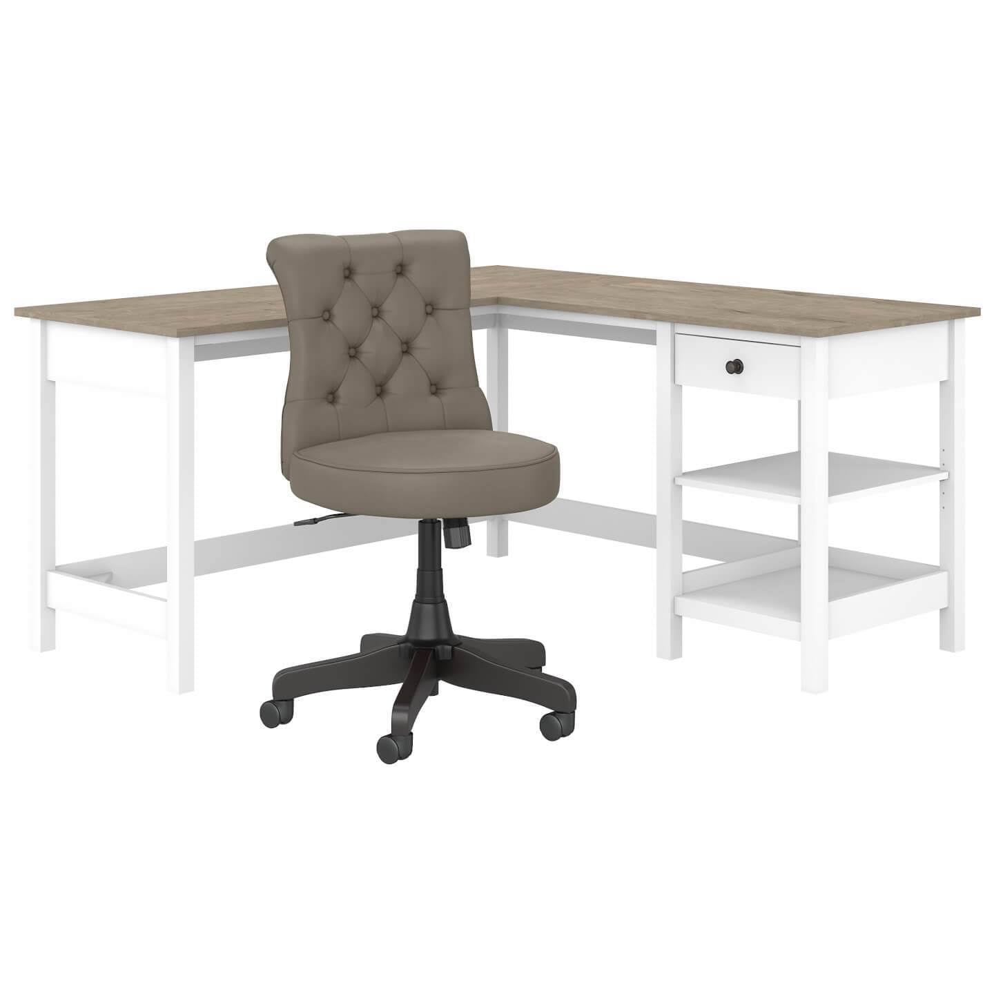 60W L Shaped Computer Desk with Storage and Mid Back Tufted Office Chair in Pure White and Shiplap Gray B469721