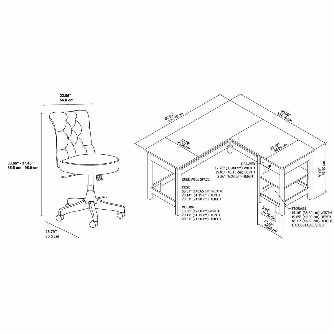 60W L Shaped Computer Desk with Storage and Mid Back Tufted Office Chair in Pure White and Shiplap Gray B469721