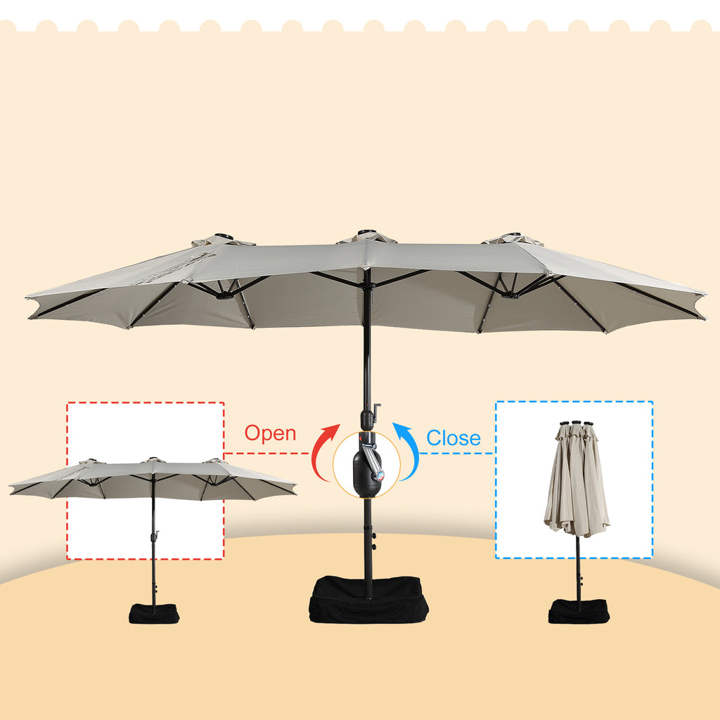 15ft Outdoor Solar Umbrella with 36 LED Patio Double-Sided Umbrella with Crank, Air-Vented Canopy, Base Included (Beige) V595