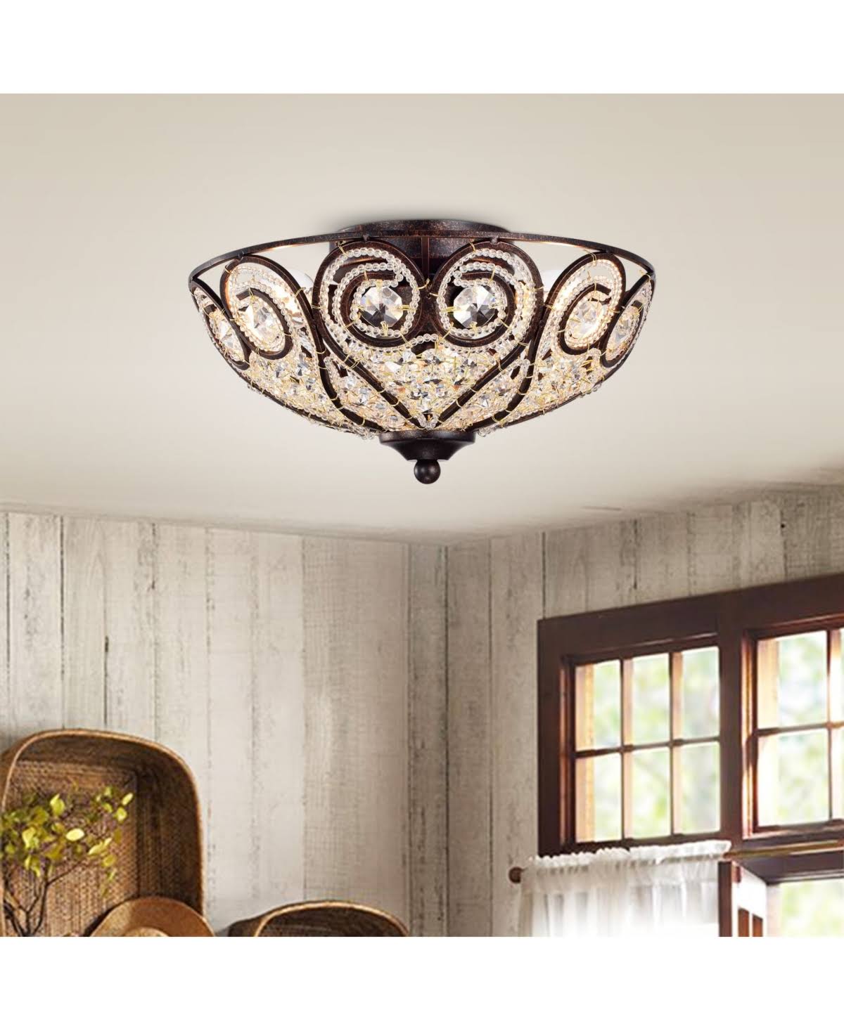 Rustic Bronze Flushmount Ceiling Lamp with Crystal Shade T2205