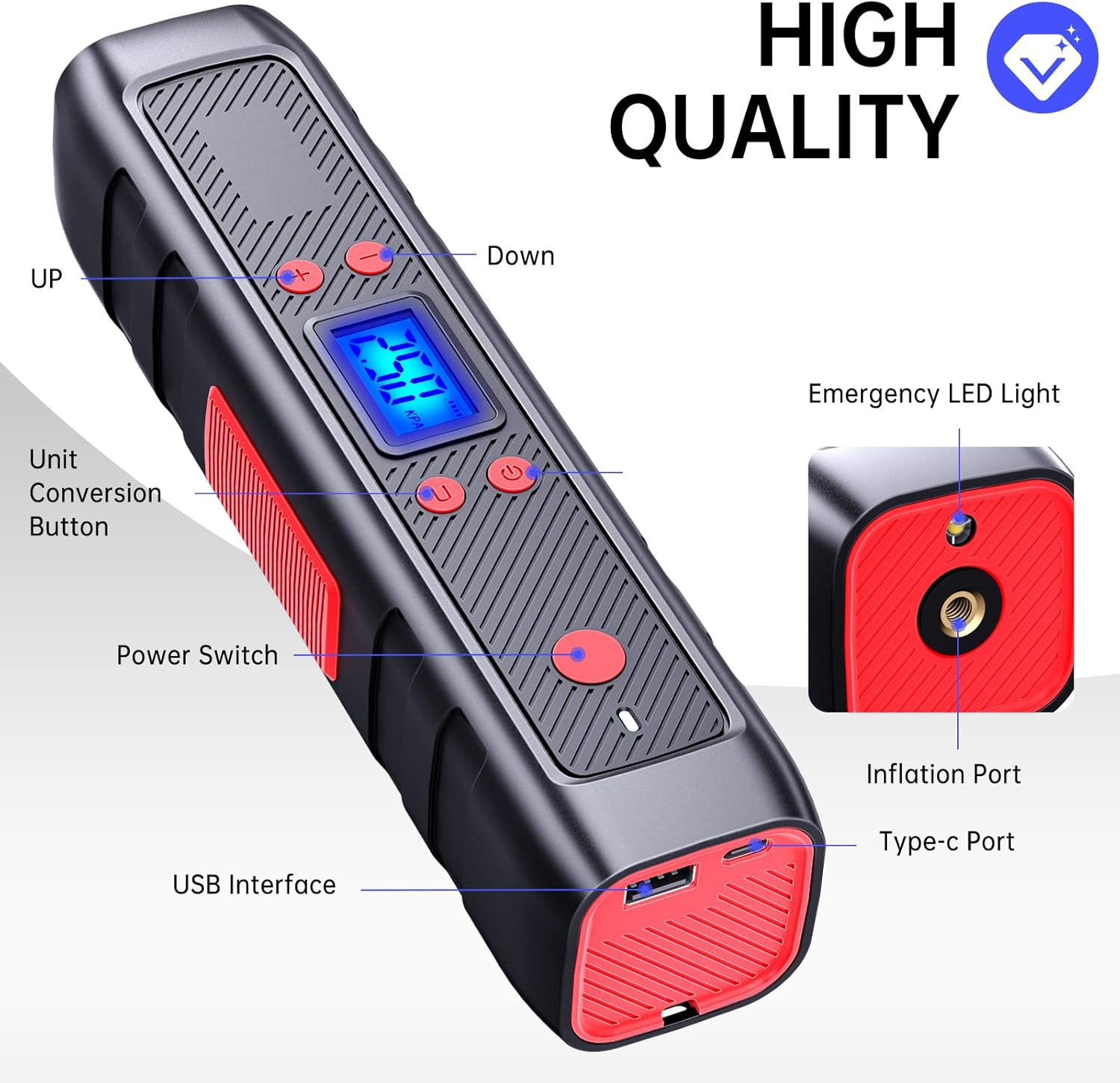 Cordless Tire Inflator with Rechargeable 2200mA Battery, Digital Pressure Gauge, LED Light, Pack of 2 D5126