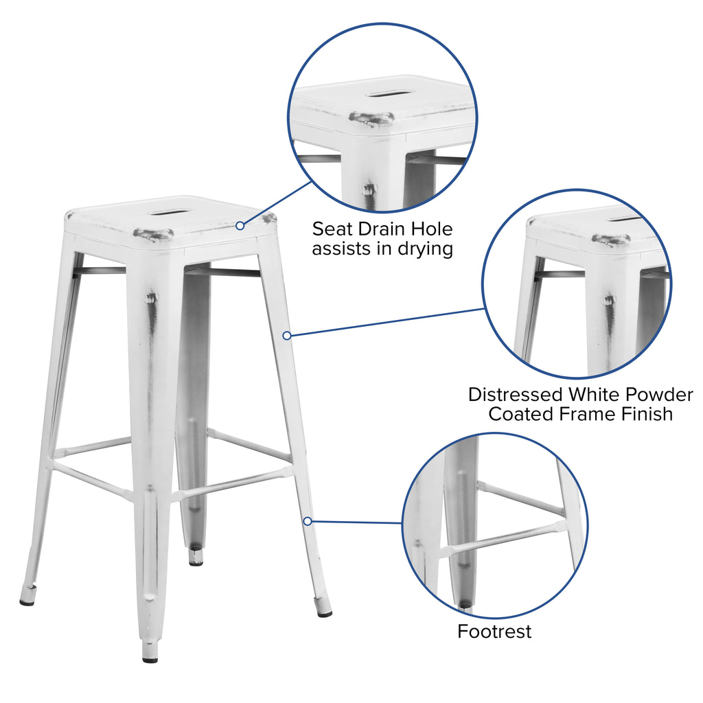 4 Pack 30" High Backless Distressed White Metal Barstool Q8016