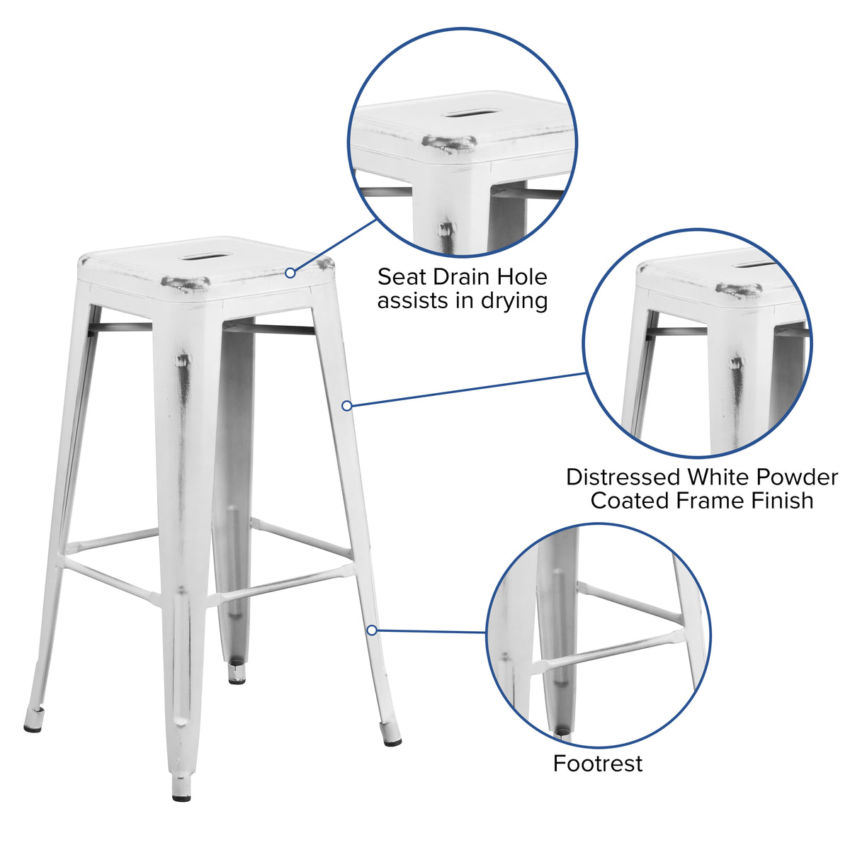 4 Pack 30" High Backless Distressed White Metal Barstool Q8016