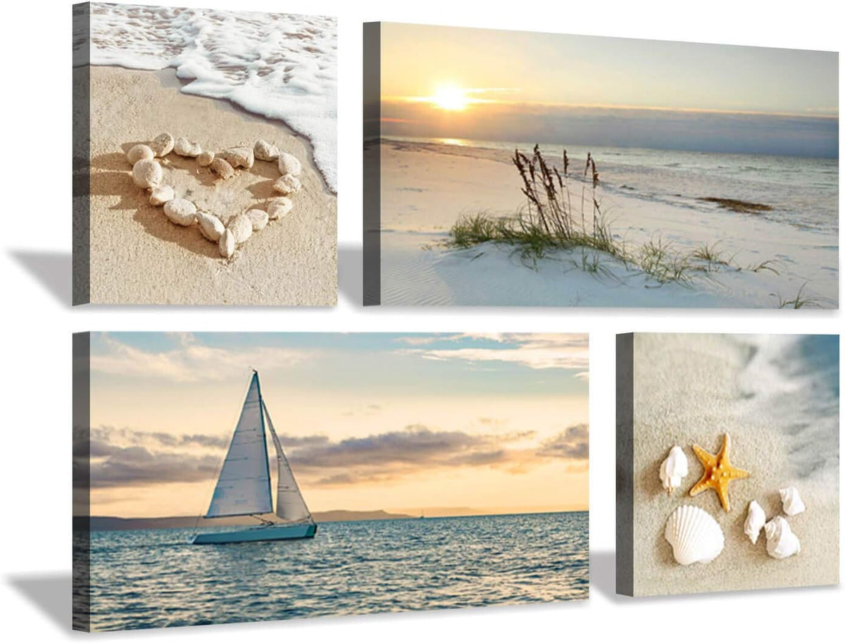 Sunset Canvas Art Seascape Painting with Sailboat Wall Art, 32'' x 16'' x 2 Panels + 16'' x 16'' x 2 Panels G213