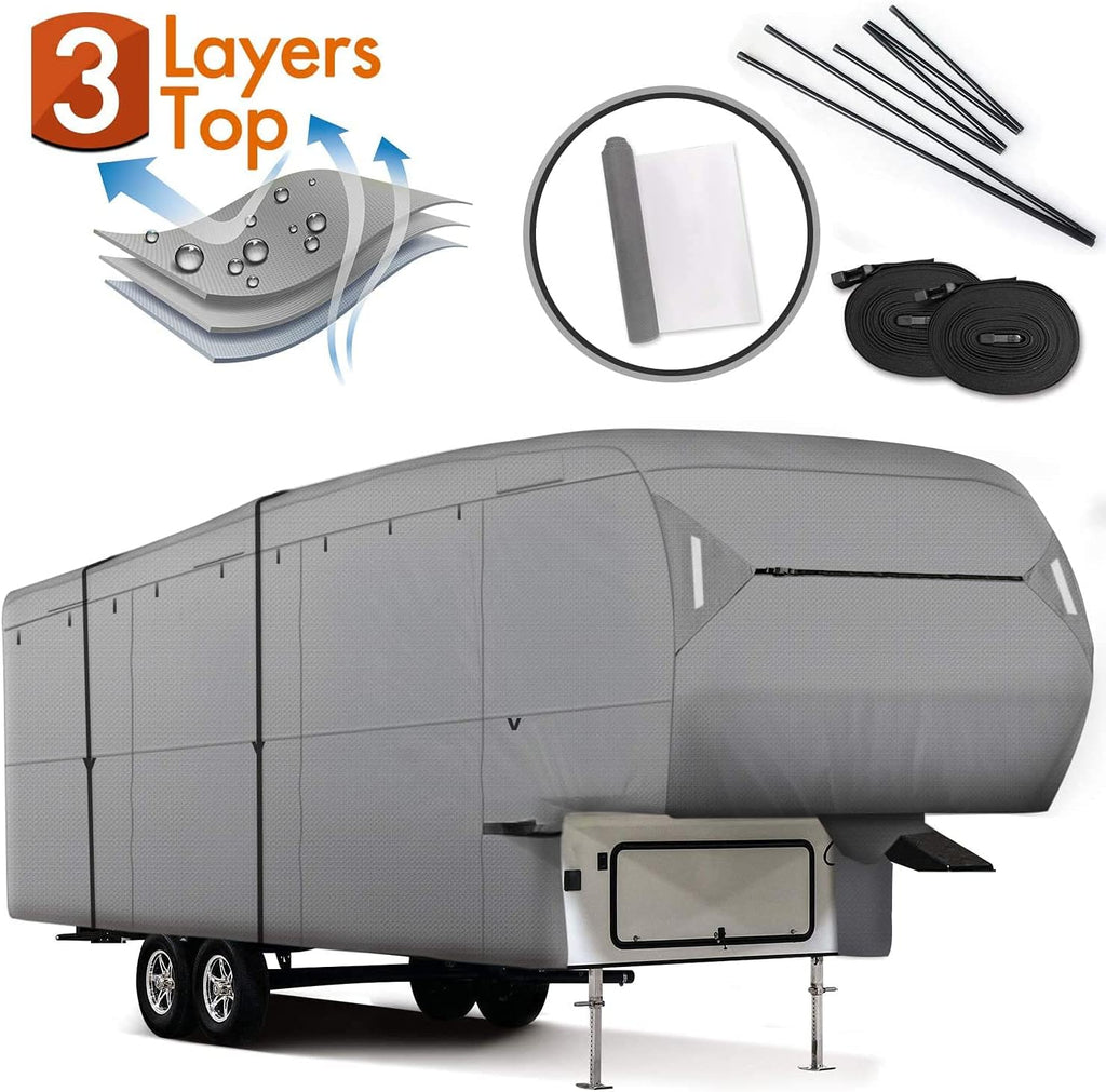 5th Wheel RV Cover 3-Ply Ripstop Waterproof with Steel Pole (26'-29') V805099