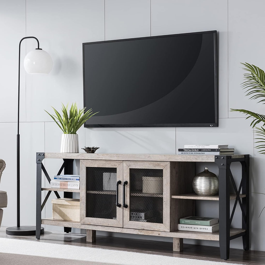 Large TV Stand with Metal Side X-Frame, Light Rustic Oak N165