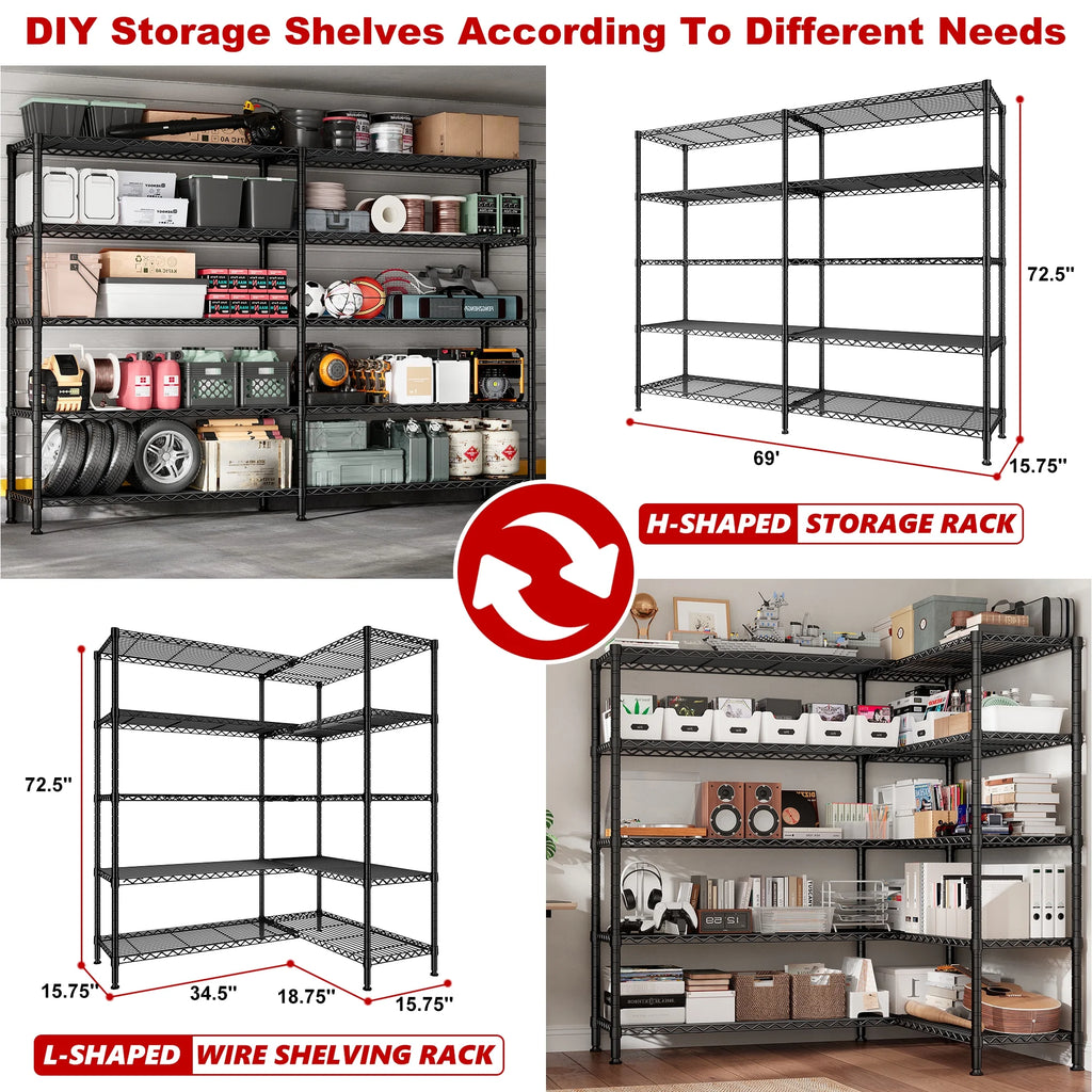 Black 5 Tier Heavy Duty Wire Shelving Unit P751