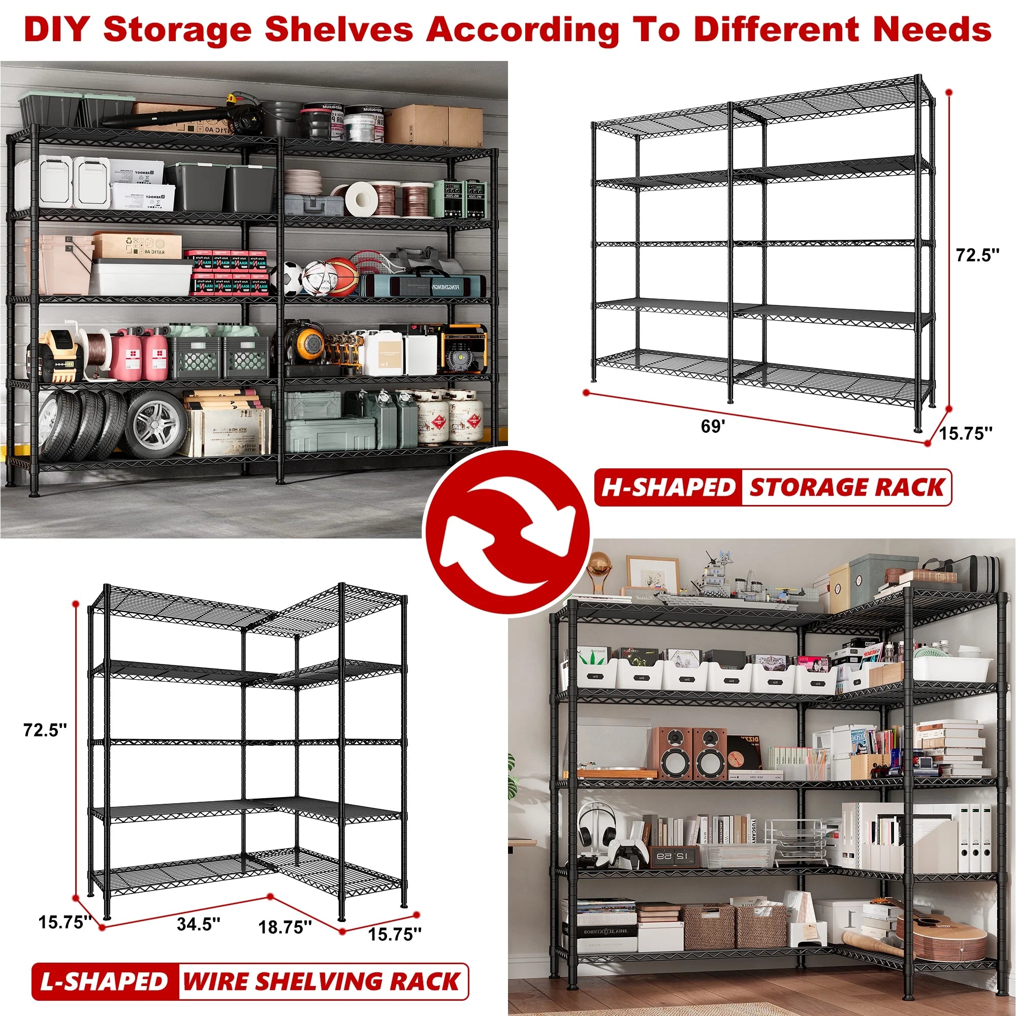 Black 5 Tier Heavy Duty Wire Shelving Unit P751