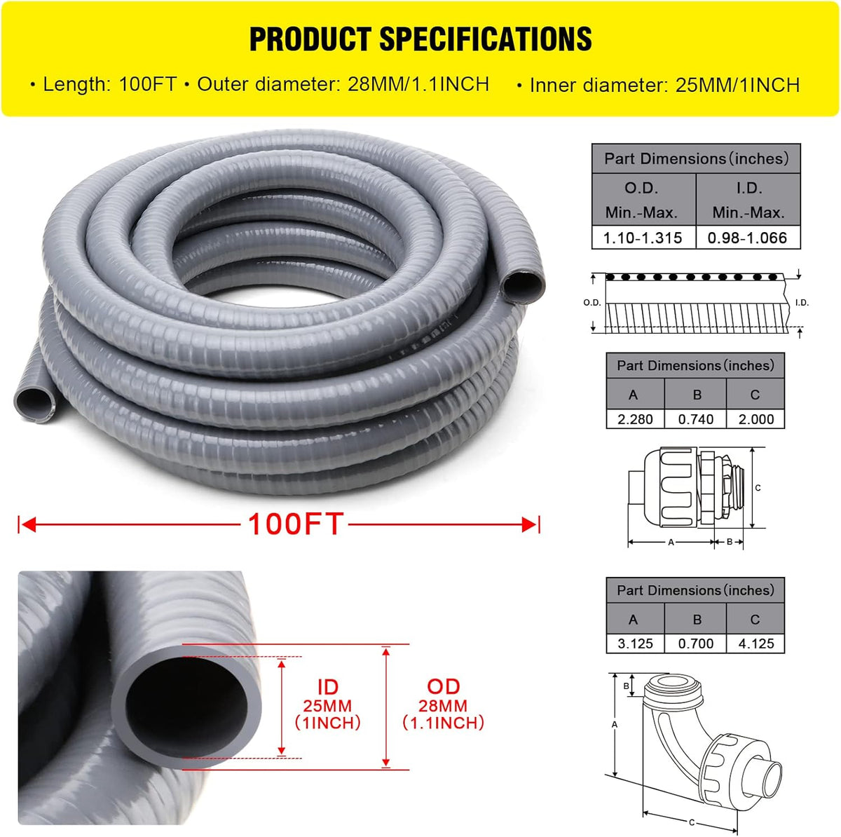 1 in. 100ft Flexible Non Metallic Liquid Tight Electrical Conduit Kit with 5 Straight and 3 Angle Fittings Q6166