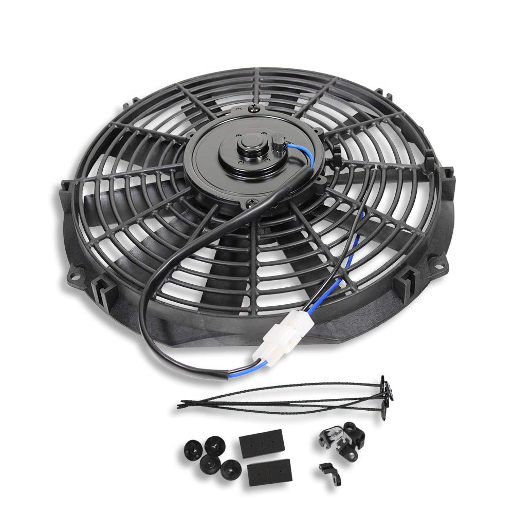 2pcs 10" Universal Electric Radiator Cooling Fan Straight Blade Reversible 1250CFM 12V Black Mounting Kit & Thermostat Switch Relay Kit N525856