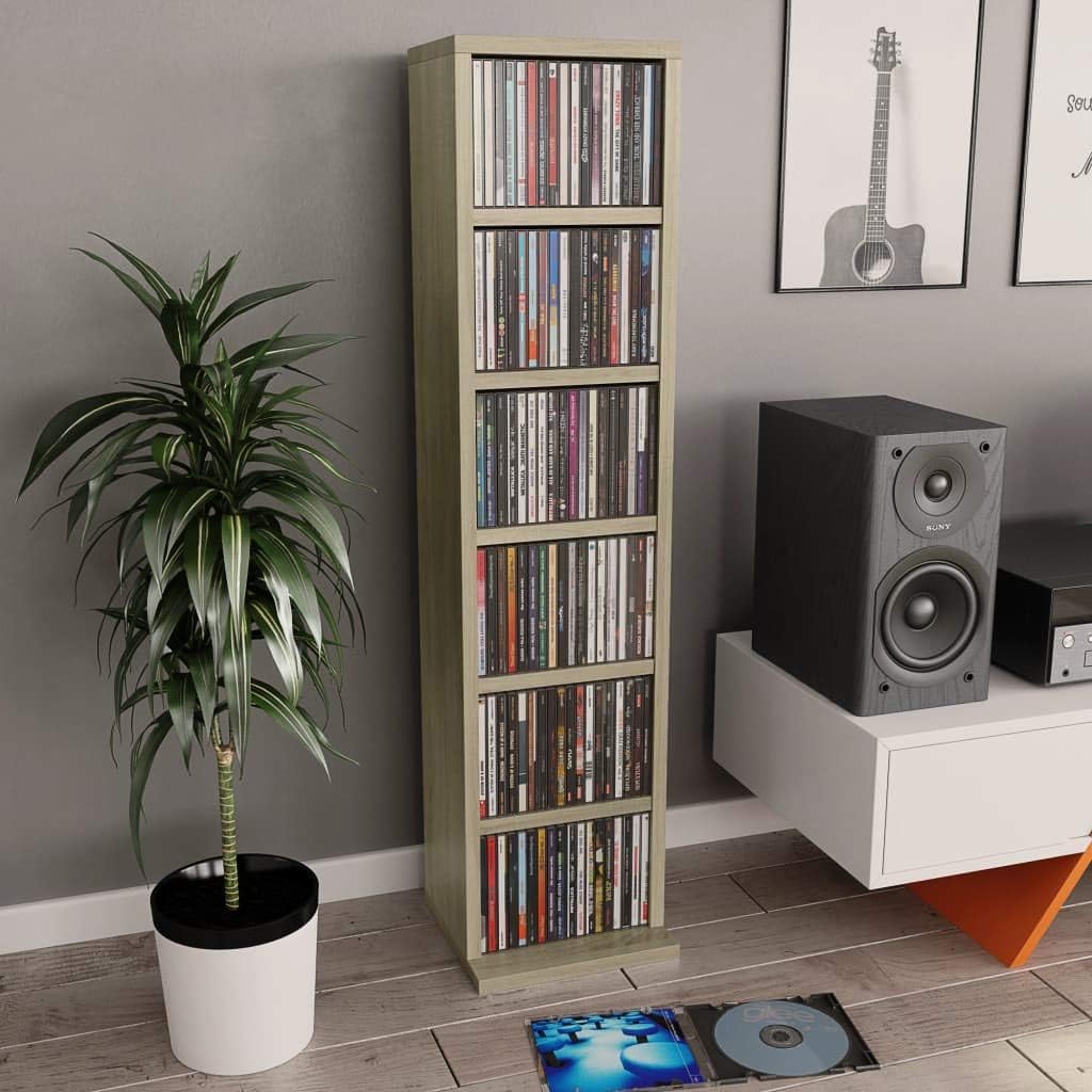 White and Sonoma Oak 8.3x9x34.6 Chipboard CD Cabinet Pack of 2 D398