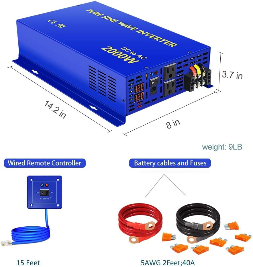 2000W Pure Sine Wave Power Inverter 24V DC to AC 120V with 15ft Remote Switch F716221