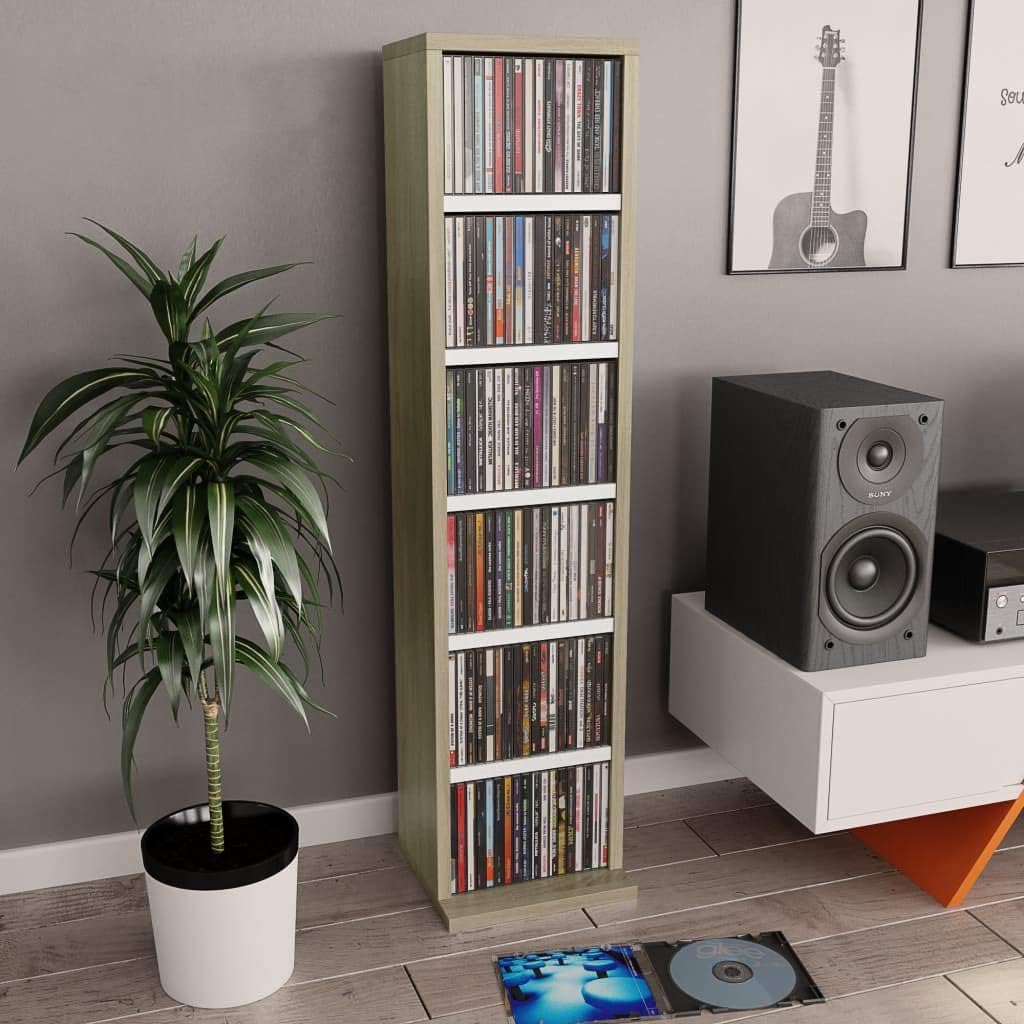 White and Sonoma Oak 8.3x9x34.6 Chipboard CD Cabinet Pack of 2 D398