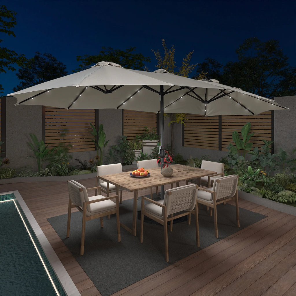 15ft Outdoor Solar Umbrella with 36 LED Patio Double-Sided Umbrella with Crank, Air-Vented Canopy, Base Included (Beige) V595