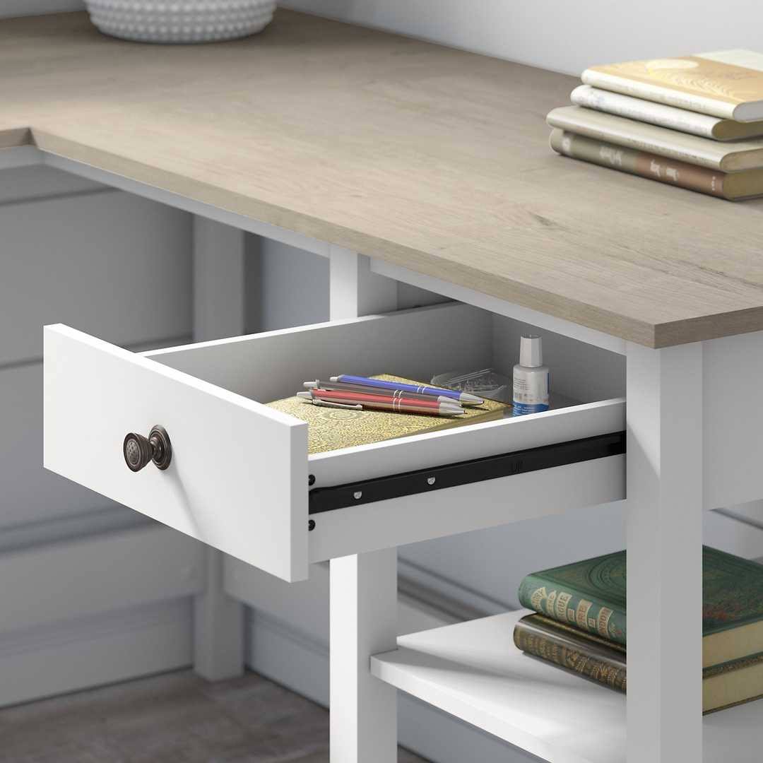 60W L Shaped Computer Desk with Storage and Mid Back Tufted Office Chair in Pure White and Shiplap Gray B469721