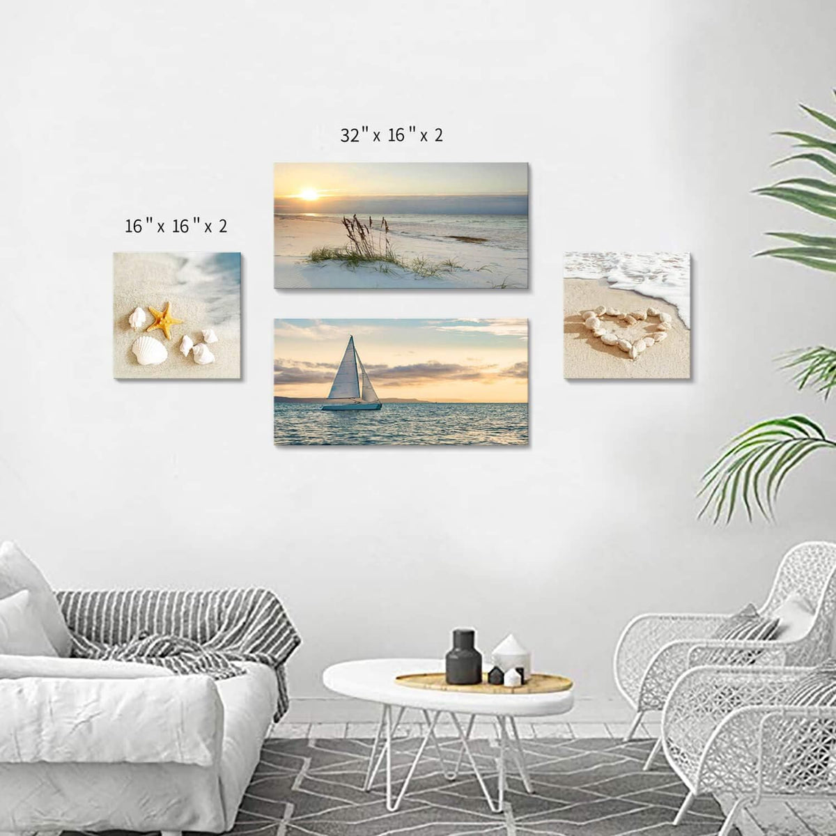 Sunset Canvas Art Seascape Painting with Sailboat Wall Art, 32'' x 16'' x 2 Panels + 16'' x 16'' x 2 Panels G213