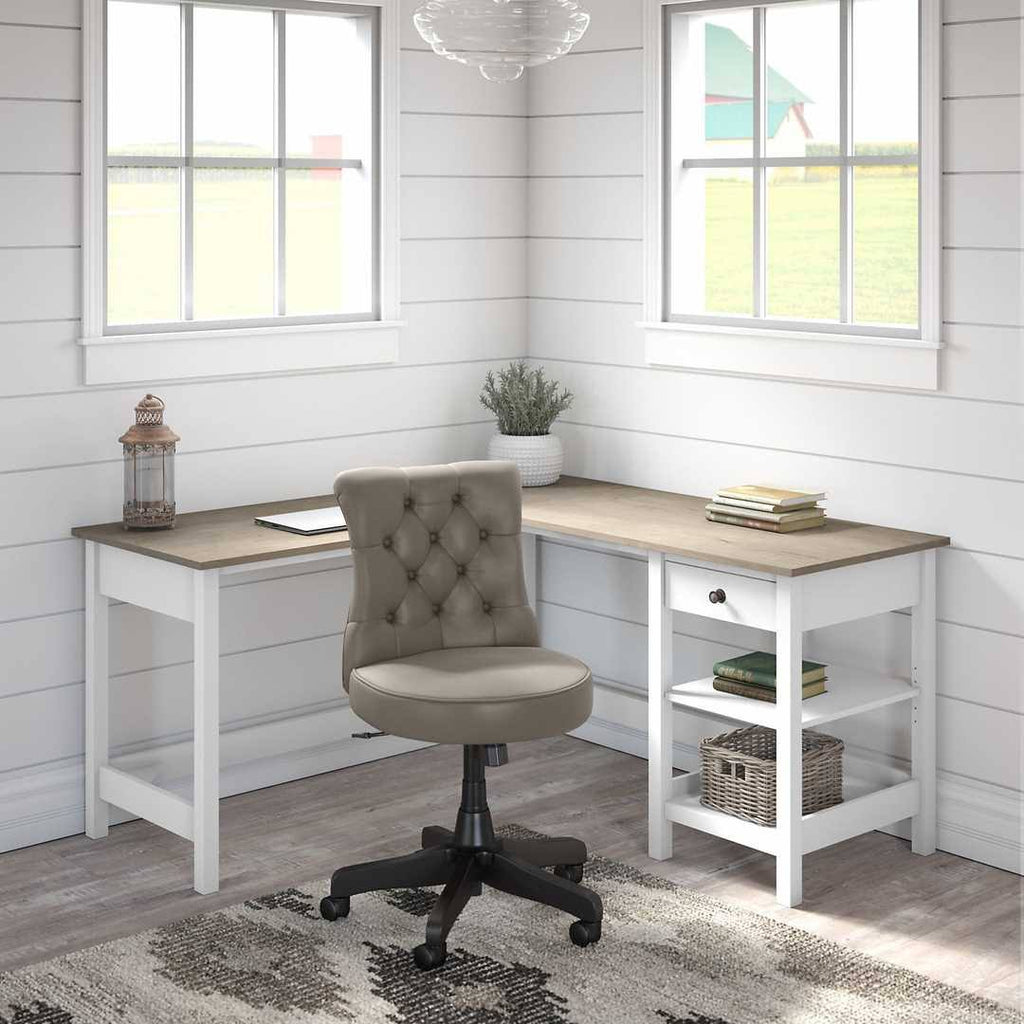 60W L Shaped Computer Desk with Storage and Mid Back Tufted Office Chair in Pure White and Shiplap Gray B469721