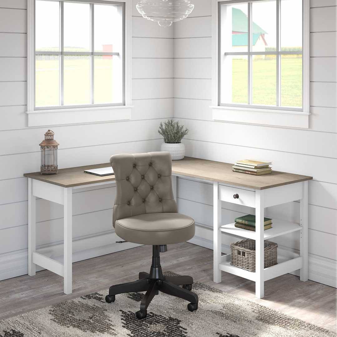 60W L Shaped Computer Desk with Storage and Mid Back Tufted Office Chair in Pure White and Shiplap Gray B469721