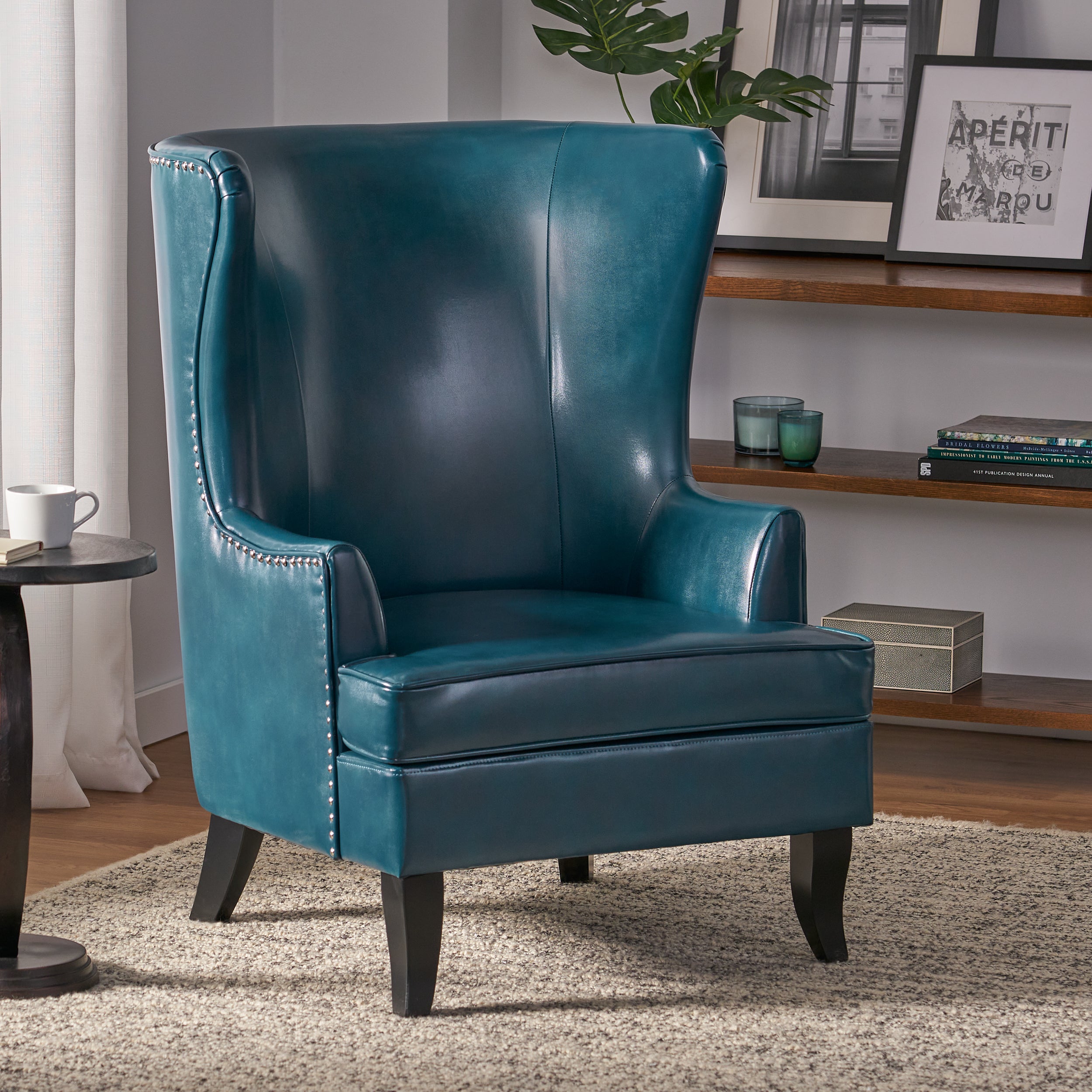 Teal and Matte Black Bonded Leather Wingback Club Chair E4571
