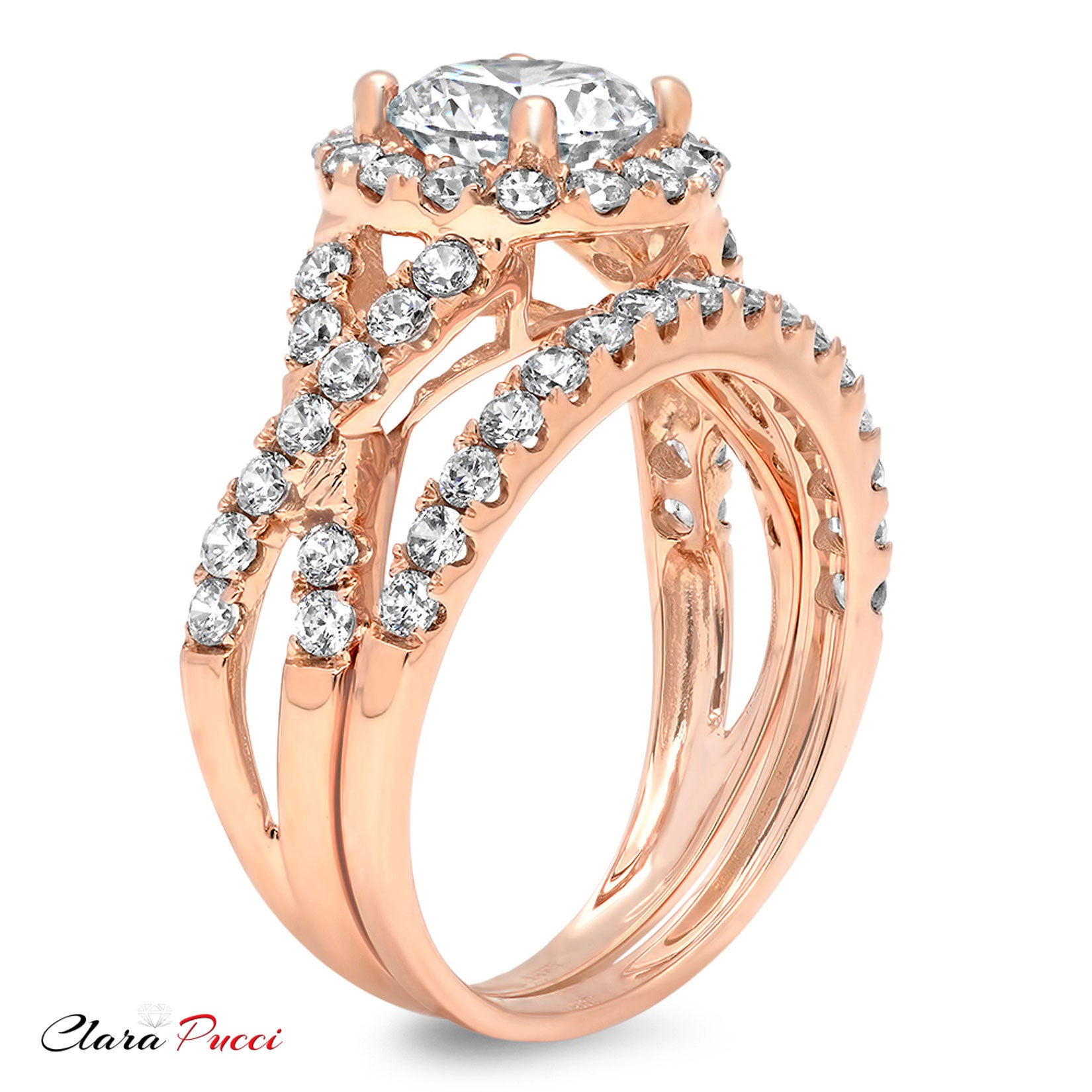 18K Rose Gold Halo Engagement Ring with Crystal Side Stones P16870