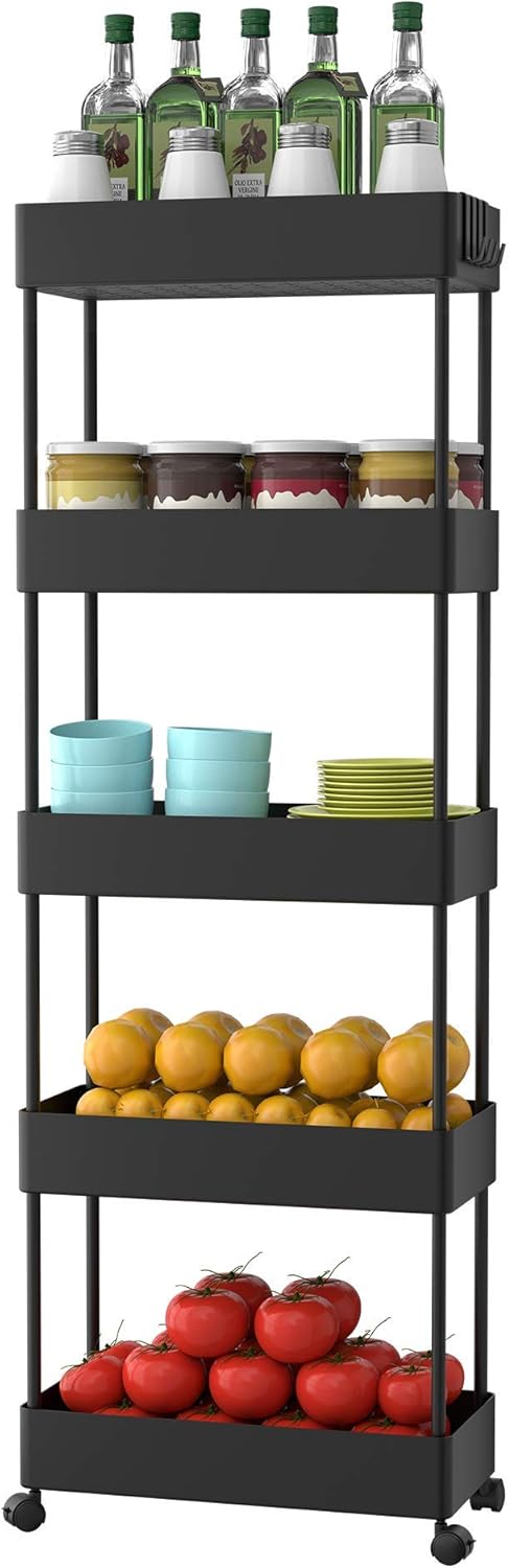 White 5 Tier Slim Rolling Utility Cart T980