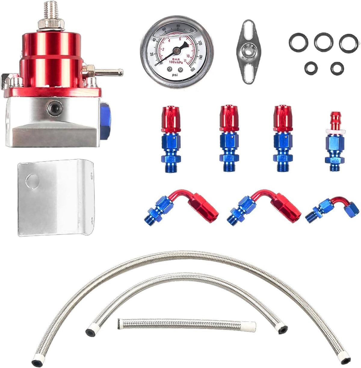 Aluminum Adjustable Universal EFI Fuel Pressure Regulator Kit with 0-100psi Pressure Gauge AN6-6AN Fuel Line Hose Fitting Connectors Kit (Blue&Red) Pack of 2 Z431968