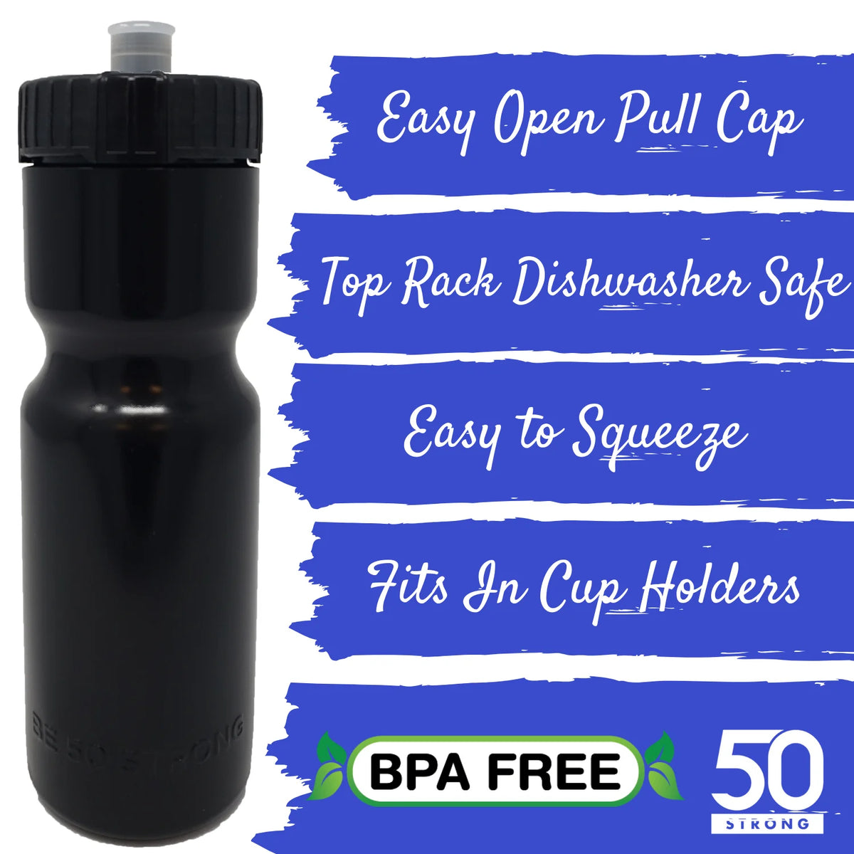 50 Strong Sports Squeeze Water Bottle 2 Pack - 22 oz. BPA Free Easy Open Push/Pull Cap - Fits in Most Bike Cages F5809