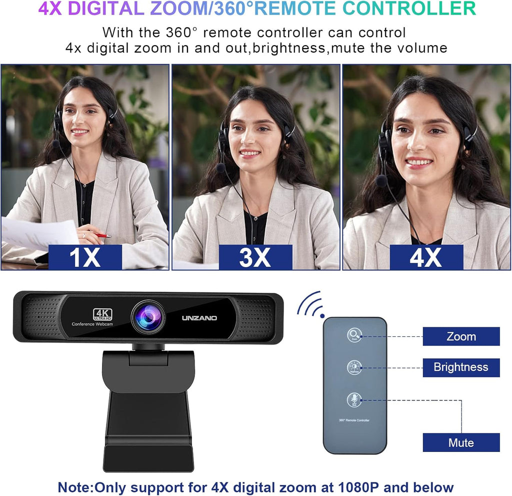 4K Webcam with Remote Control, Auto-Focus 120° Wide Angle, Dual Noise Reduction Mics N1487
