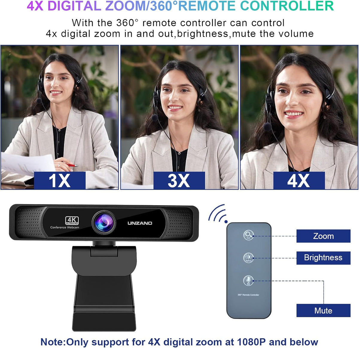 4K Webcam with Remote Control, Auto-Focus 120° Wide Angle, Dual Noise Reduction Mics N1487
