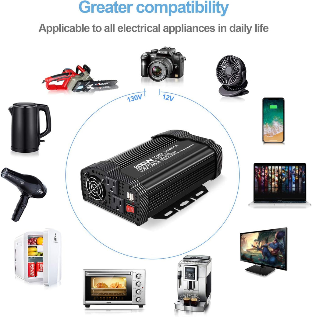 800W Power Inverter 12V DC to 110V AC Converter with Dual AC Outlets USB Ports M2429