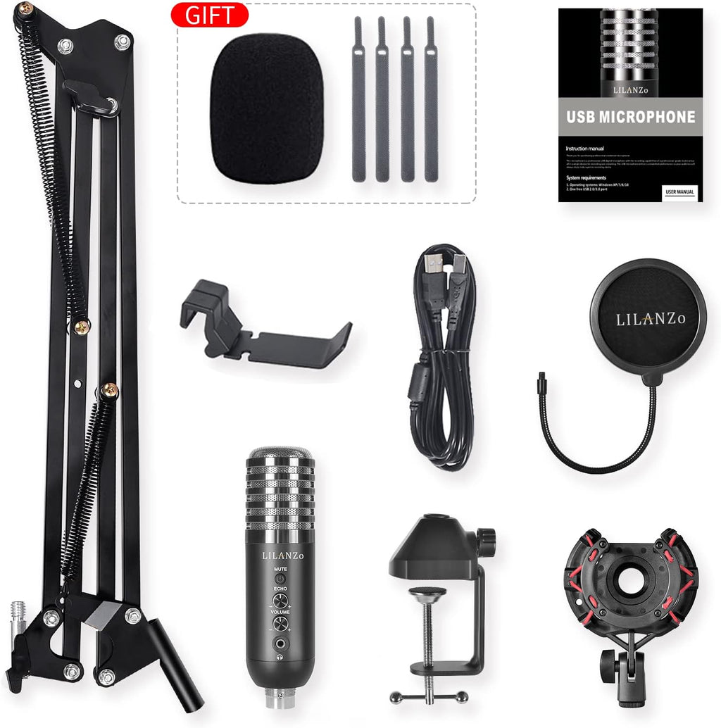 Red Condenser Streaming Microphone Kit with Boom Arm Stand Pop Filter M89813
