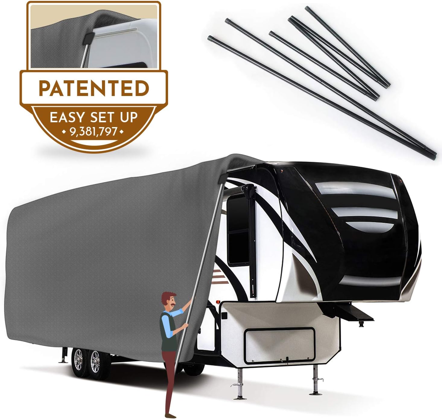 5th Wheel RV Cover 3-Ply Ripstop Waterproof with Steel Pole (26'-29') V805099