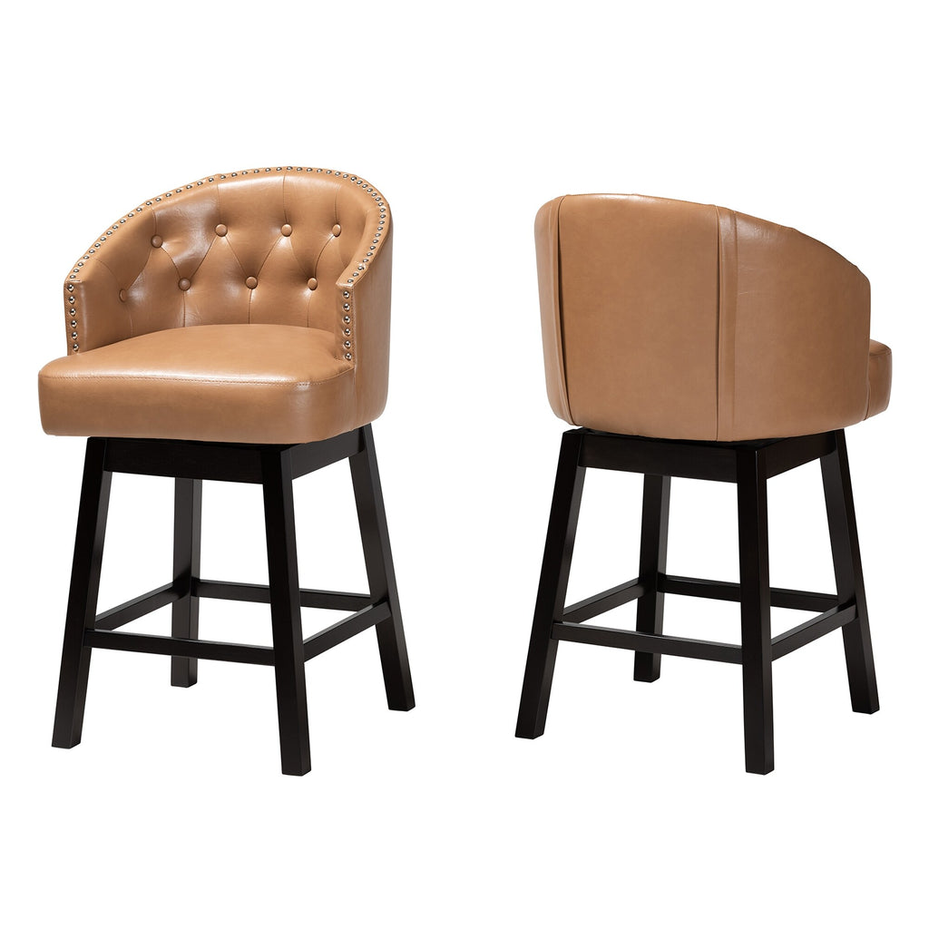 Faux Leather and Wood Swivel Counter Stool Set-2PC Tan, Espresso Brown G40350
