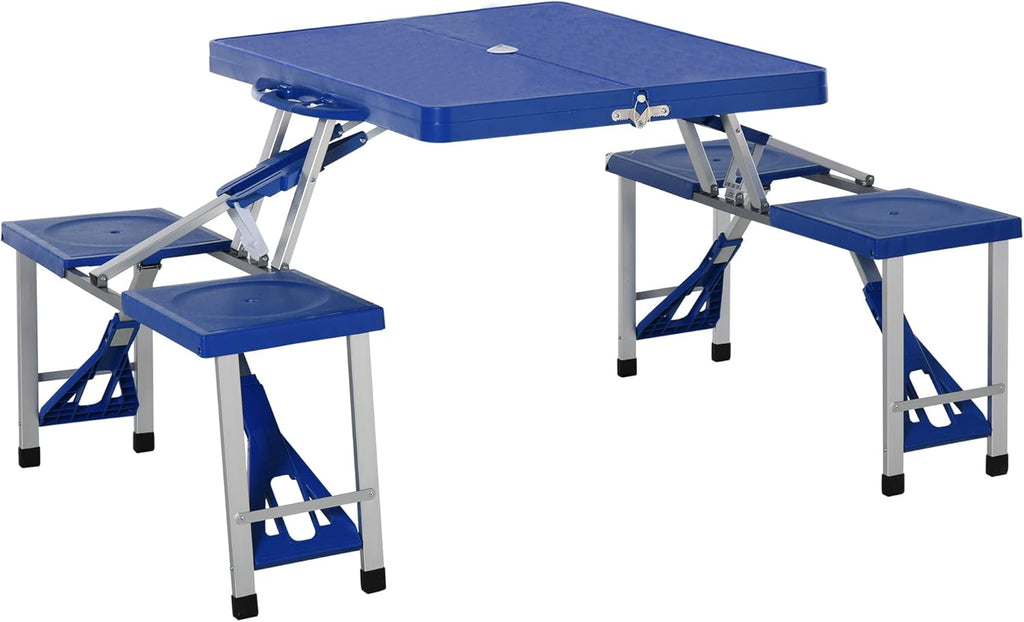 Blue 4-Seats Aluminum Fold Up Picnic Table Set with Four Chairs and Umbrella Hole Y702601
