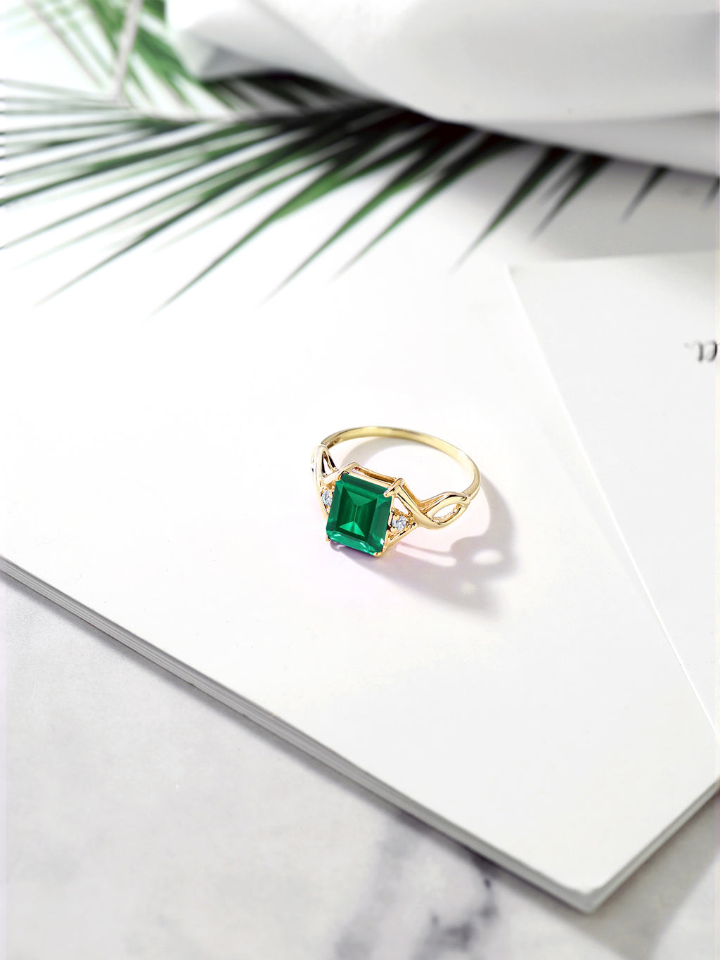 18K Yellow Gold Plated Silver Green Simulated Emerald and White Lab Grown Diamond Ring (2.03 Cttw) N403